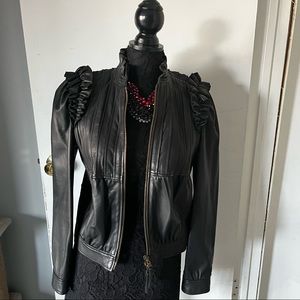 🆕🆙 RED Valentino Black Ruffled & Pleated Leather Jacket
